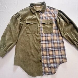 ANDTHEWHY Anthropologie Green Plaid & Corduroy Button Up Long Puff Sleeve Shirt